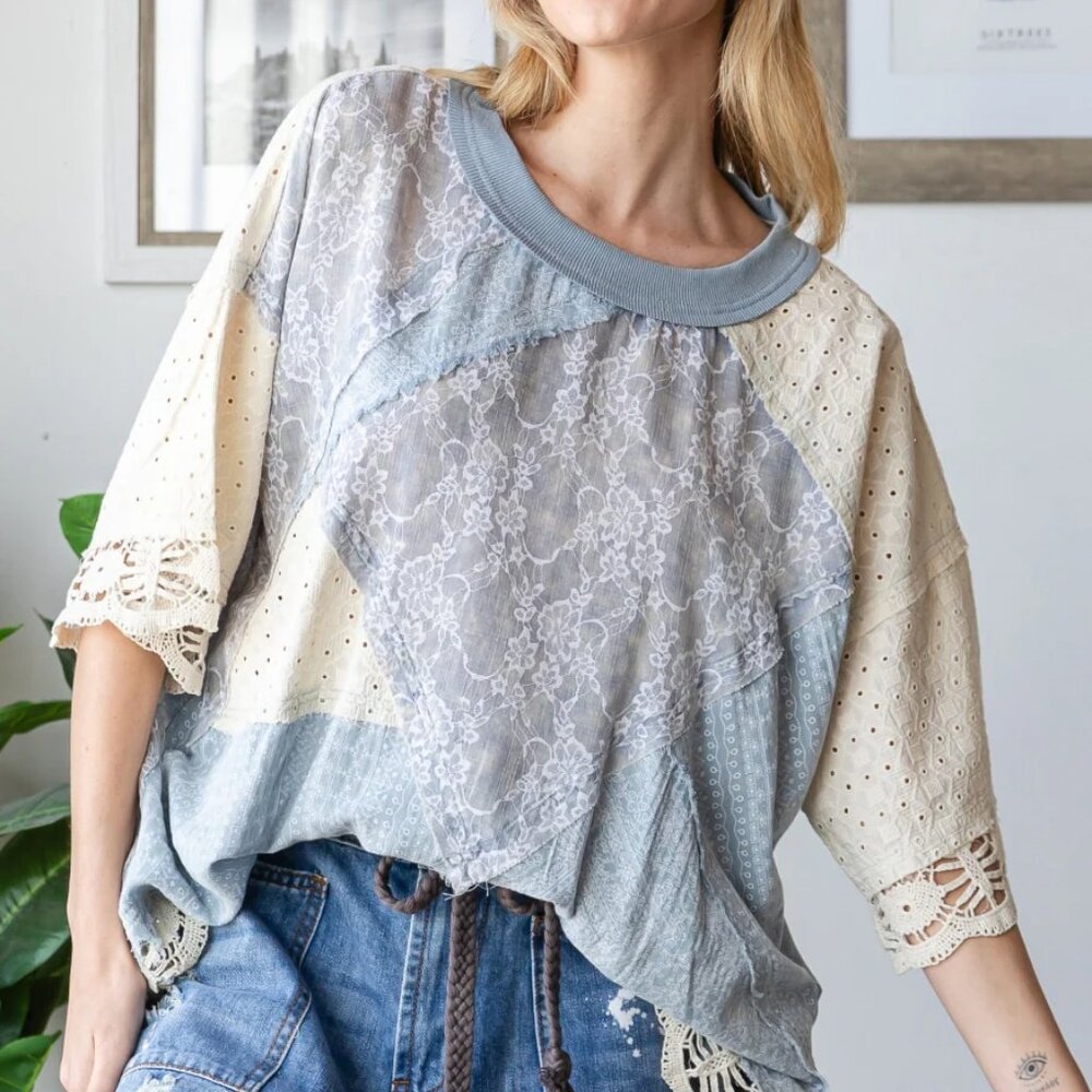 Oli & Hali Washed Mix Media Casual Top New Size Large - Picture 2 of 6